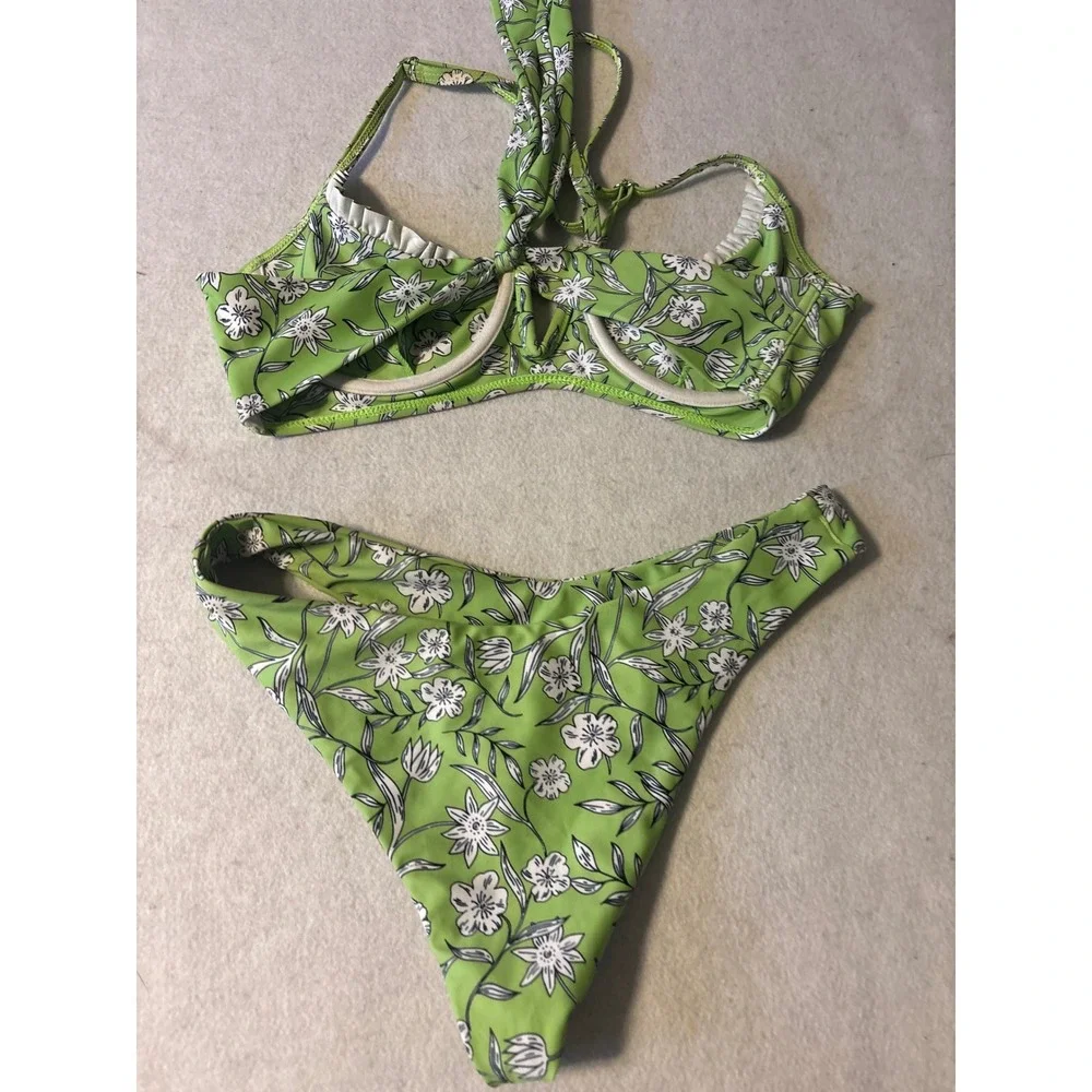Zaful Lime Green Floral Underwire Bikini Set High Cut Cheeky Thong Size S US 4‎